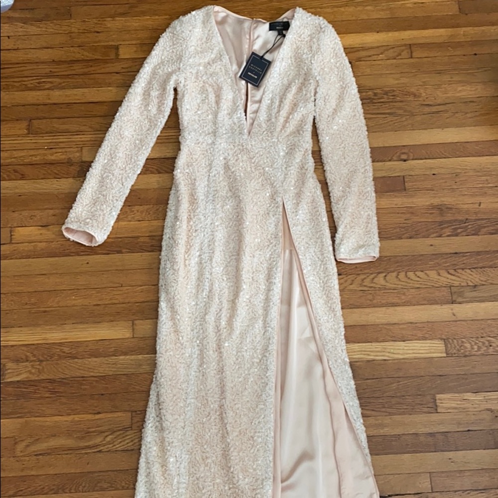 Michael Costello x revolve sequin long gown cream